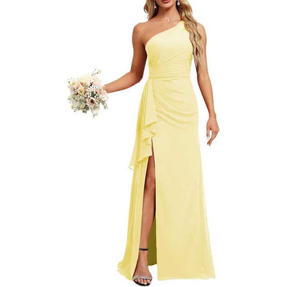One Shoulder Long Bridesmaid Dresses Pleated A-Line Wedding Guest Outfit Prom Dresses
