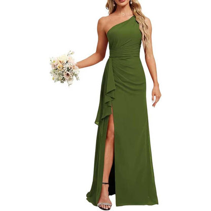 One Shoulder Long Bridesmaid Dresses Pleated A-Line Wedding Guest Outfit Prom Dresses