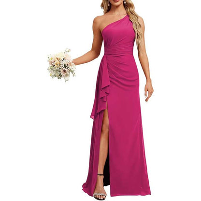 One Shoulder Long Bridesmaid Dresses Pleated A-Line Wedding Guest Outfit Prom Dresses