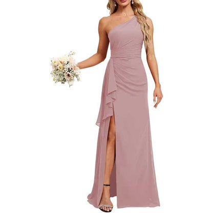 One Shoulder Long Bridesmaid Dresses Pleated A-Line Wedding Guest Outfit Prom Dresses