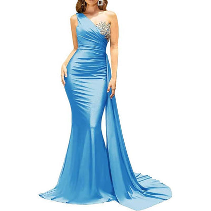 One Shoulder Mermaid Bridesmaid Dress Satin Prom Dress Long Evening Wedding Gowns