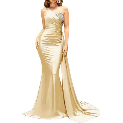 One Shoulder Mermaid Bridesmaid Dress Satin Prom Dress Long Evening Wedding Gowns