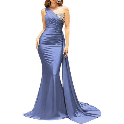 One Shoulder Mermaid Bridesmaid Dress Satin Prom Dress Long Evening Wedding Gowns