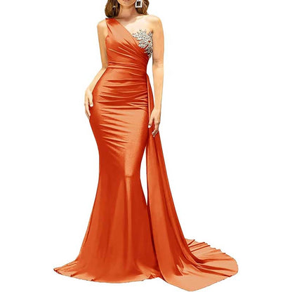 One Shoulder Mermaid Bridesmaid Dress Satin Prom Dress Long Evening Wedding Gowns
