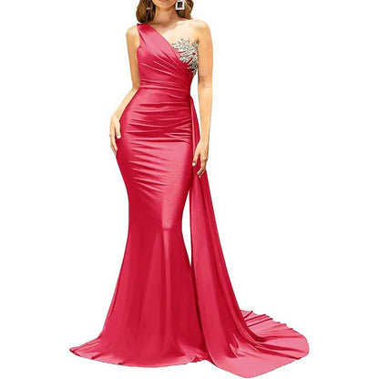 One Shoulder Mermaid Bridesmaid Dress Satin Prom Dress Long Evening Wedding Gowns