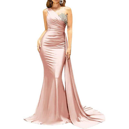 One Shoulder Mermaid Bridesmaid Dress Satin Prom Dress Long Evening Wedding Gowns