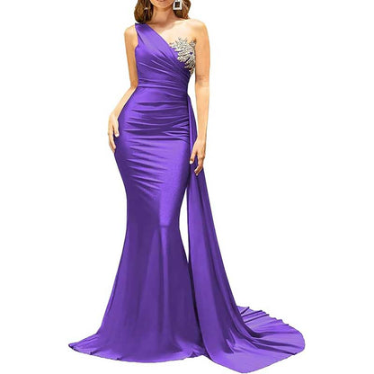 One Shoulder Mermaid Bridesmaid Dress Satin Prom Dress Long Evening Wedding Gowns