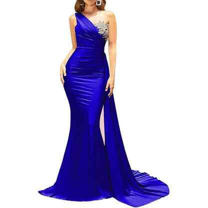 One Shoulder Mermaid Bridesmaid Dress Satin Prom Dress Long Evening Wedding Gowns