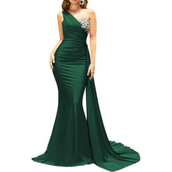 Pretty One Shoulder White Satin Beaded Mermaid Long Party Dress Formal 18th Birthday Outfits SP2006 main image 1