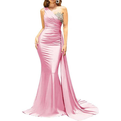 One Shoulder Mermaid Bridesmaid Dress Satin Prom Dress Long Evening Wedding Gowns