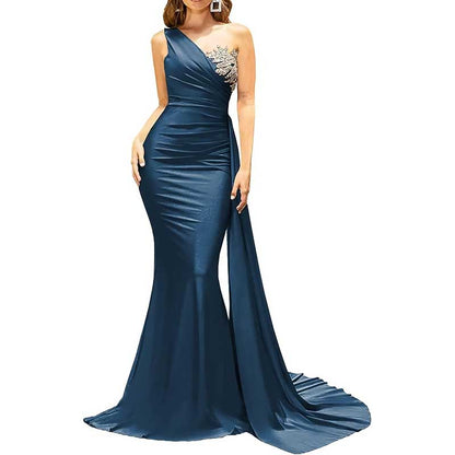 One Shoulder Mermaid Bridesmaid Dress Satin Prom Dress Long Evening Wedding Gowns