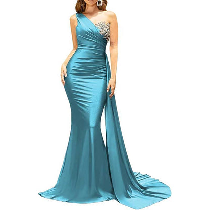 One Shoulder Mermaid Bridesmaid Dress Satin Prom Dress Long Evening Wedding Gowns