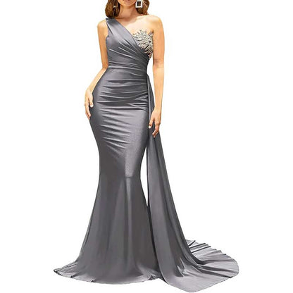 One Shoulder Mermaid Bridesmaid Dress Satin Prom Dress Long Evening Wedding Gowns