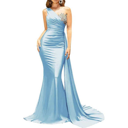 One Shoulder Mermaid Bridesmaid Dress Satin Prom Dress Long Evening Wedding Gowns
