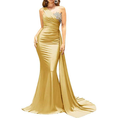 One Shoulder Mermaid Bridesmaid Dress Satin Prom Dress Long Evening Wedding Gowns