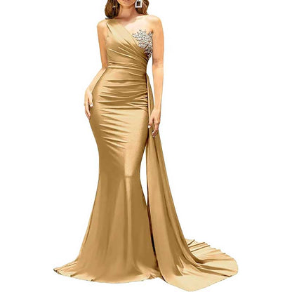 One Shoulder Mermaid Bridesmaid Dress Satin Prom Dress Long Evening Wedding Gowns