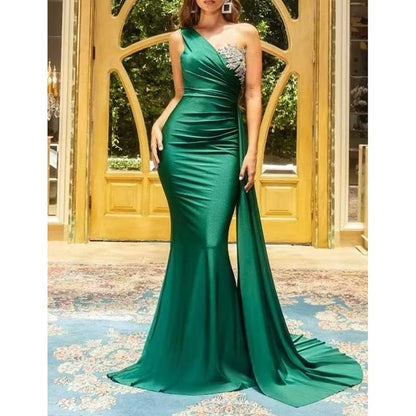 One Shoulder Mermaid Bridesmaid Dress Satin Prom Dress Long Evening Wedding Gowns