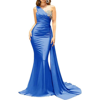 One Shoulder Mermaid Bridesmaid Dress Satin Prom Dress Long Evening Wedding Gowns