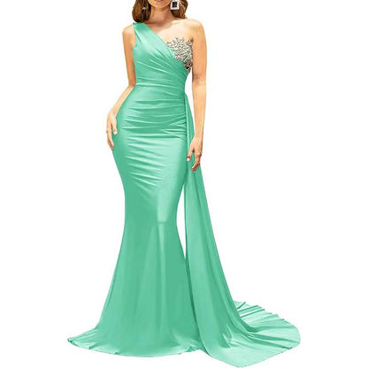 One Shoulder Mermaid Bridesmaid Dress Satin Prom Dress Long Evening Wedding Gowns