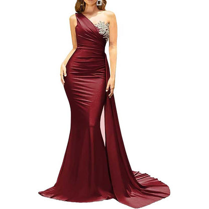 One Shoulder Mermaid Bridesmaid Dress Satin Prom Dress Long Evening Wedding Gowns