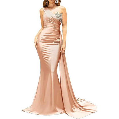 One Shoulder Mermaid Bridesmaid Dress Satin Prom Dress Long Evening Wedding Gowns