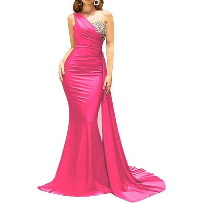 One Shoulder Mermaid Bridesmaid Dress Satin Prom Dress Long Evening Wedding Gowns