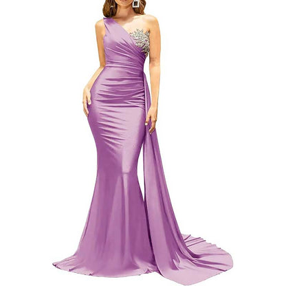 One Shoulder Mermaid Bridesmaid Dress Satin Prom Dress Long Evening Wedding Gowns