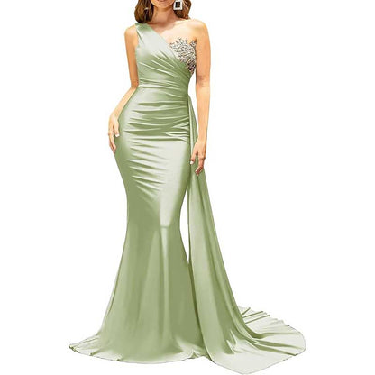 One Shoulder Mermaid Bridesmaid Dress Satin Prom Dress Long Evening Wedding Gowns