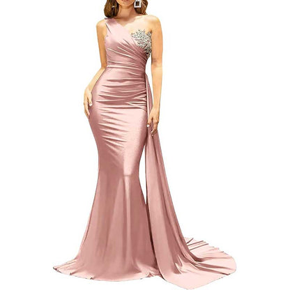 One Shoulder Mermaid Bridesmaid Dress Satin Prom Dress Long Evening Wedding Gowns