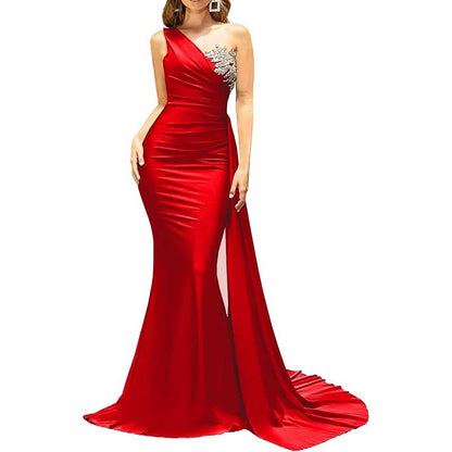 One Shoulder Mermaid Bridesmaid Dress Satin Prom Dress Long Evening Wedding Gowns