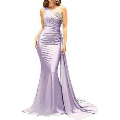 One Shoulder Mermaid Bridesmaid Dress Satin Prom Dress Long Evening Wedding Gowns