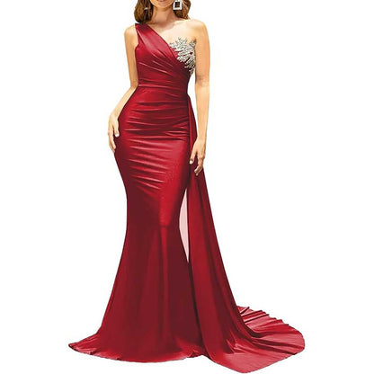One Shoulder Mermaid Bridesmaid Dress Satin Prom Dress Long Evening Wedding Gowns