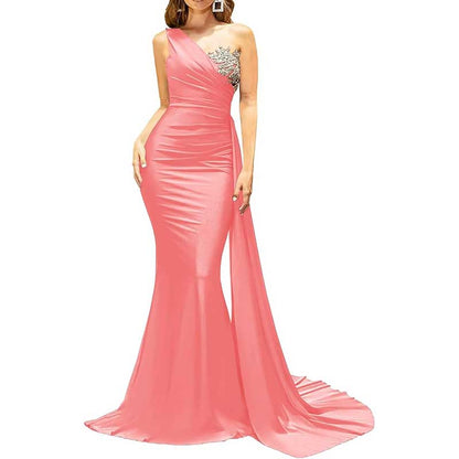 One Shoulder Mermaid Bridesmaid Dress Satin Prom Dress Long Evening Wedding Gowns