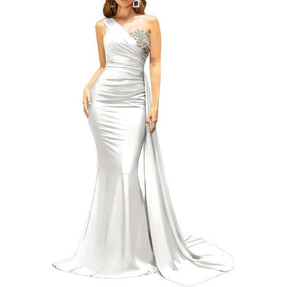 One Shoulder Mermaid Bridesmaid Dress Satin Prom Dress Long Evening Wedding Gowns