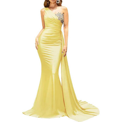 One Shoulder Mermaid Bridesmaid Dress Satin Prom Dress Long Evening Wedding Gowns