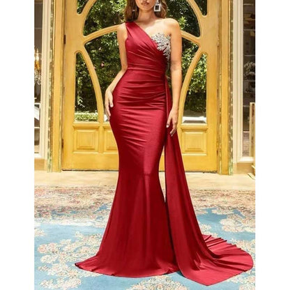 One Shoulder Mermaid Bridesmaid Dress Satin Prom Dress Long Evening Wedding Gowns
