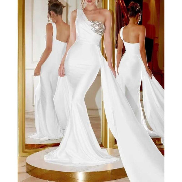 White Long One Shoulder Mermaid Lace Satin Prom Dress With Beads main image 0