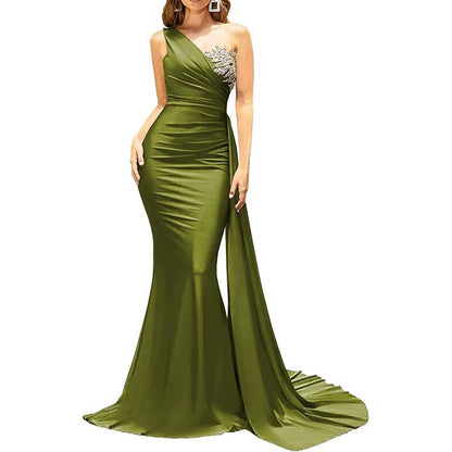 One Shoulder Mermaid Bridesmaid Dress Satin Prom Dress Long Evening Wedding Gowns