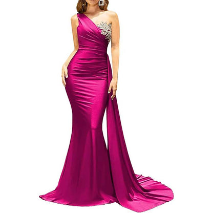 One Shoulder Mermaid Bridesmaid Dress Satin Prom Dress Long Evening Wedding Gowns