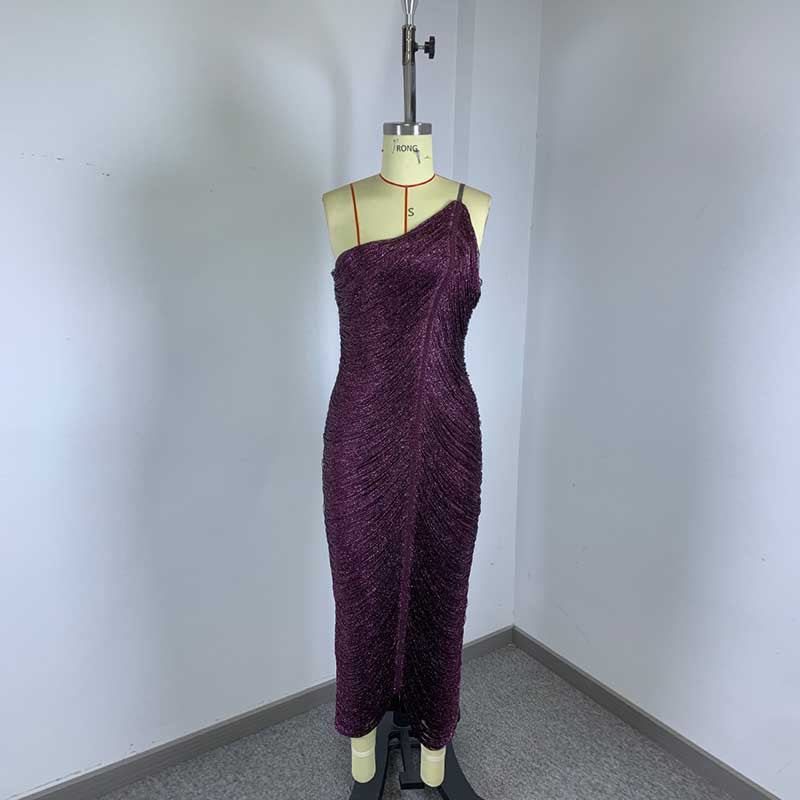One Shoulder Metallic Fringe Bandage Maxi Dress Women’s Slim Ruched Evening Gown