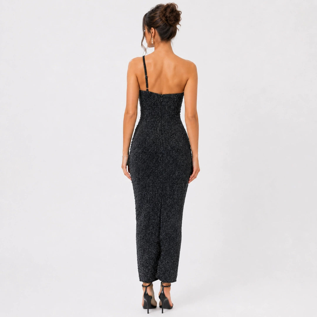 One Shoulder Metallic Fringe Bandage Maxi Dress Women’s Slim Ruched Evening Gown