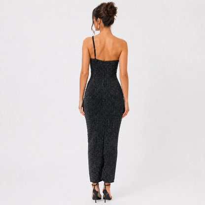 One Shoulder Metallic Fringe Bandage Maxi Dress Women’s Slim Ruched Evening Gown