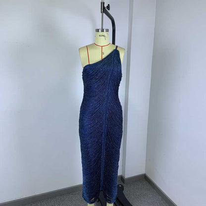 One Shoulder Metallic Fringe Bandage Maxi Dress Women’s Slim Ruched Evening Gown