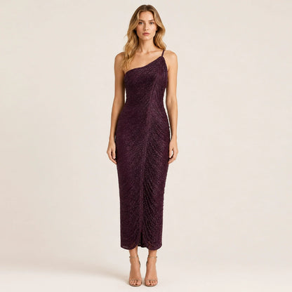 One Shoulder Metallic Fringe Bandage Maxi Dress Women’s Slim Ruched Evening Gown