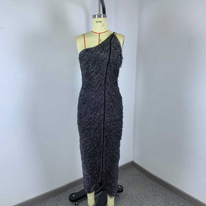 One Shoulder Metallic Fringe Bandage Maxi Dress Women’s Slim Ruched Evening Gown