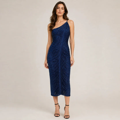One Shoulder Metallic Fringe Bandage Maxi Dress Women’s Slim Ruched Evening Gown