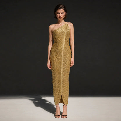 One Shoulder Metallic Fringe Bandage Maxi Dress Women’s Slim Ruched Evening Gown