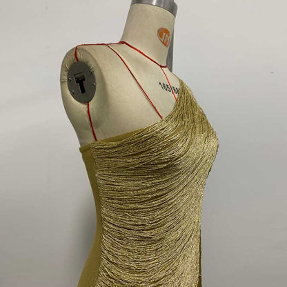 One Shoulder Metallic Fringe Bandage Maxi Dress Women’s Slim Ruched Evening Gown
