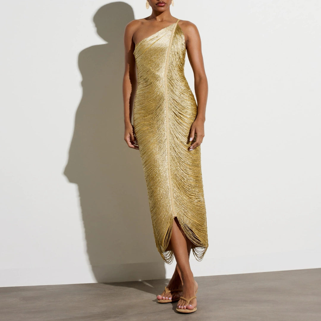 One Shoulder Metallic Fringe Bandage Maxi Dress Women’s Slim Ruched Evening Gown