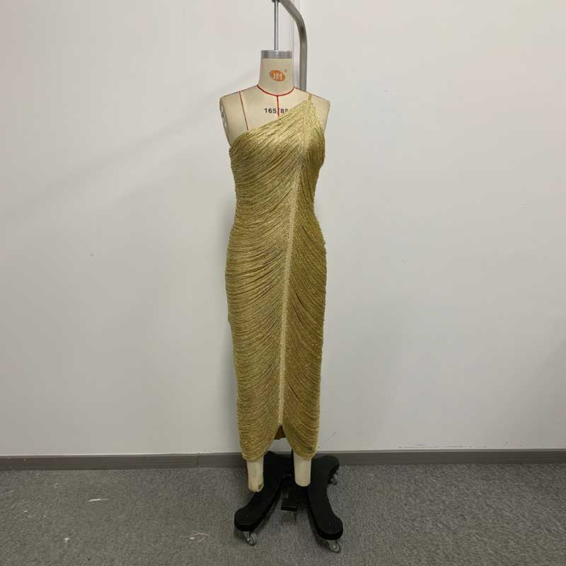 One Shoulder Metallic Fringe Bandage Maxi Dress Women’s Slim Ruched Evening Gown
